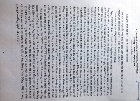 Đơn tố cáo của ông Nguyễn Văn Dao, giáo viên Trường CĐ Nghề GTVT TW2 gửi đến Ban Bạn đọc, Báo điện tử Giáo dục Việt Nam.