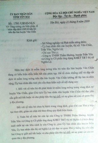 Ngày 21/9/2009, UBND tỉnh Yên Bái bất ngờ ban hành Văn bản số 1795/UBND-NLN do Phó Chủ tịch Nguyễn Sơn Bình ký với nội dung: Cho phép người dân vùng dịch tiếp tục nuôi nhốt trâu bò (đối với số chưa bị dịch), còn vùng không bị dịch (cách 100 km) thì phải giết mổ tại chỗ (?!).