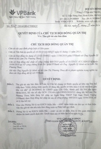 Quyết định về việc Thu giữ tài sản đảm bảo do ông Hoàng Anh Tuấn, Chủ tịch HĐQT VPBank ký.