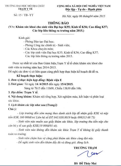 Phần ghi chú của Thông báo số 15 của Trường ĐH Mỏ-Địa chất có tính chất &quot;ép buộc&quot; sinh viên phải khám bệnh trước khi ra trường.