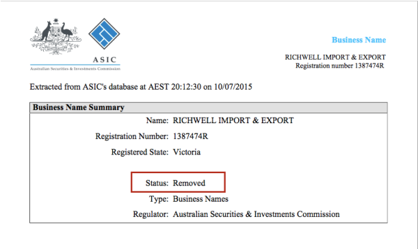 Công ty Richwell Import &amp; Export (đứng chủ sở hữu là một người Việt Nam) đã bị xoá tên trong hệ thống các công ty đăng ký tại Úc.