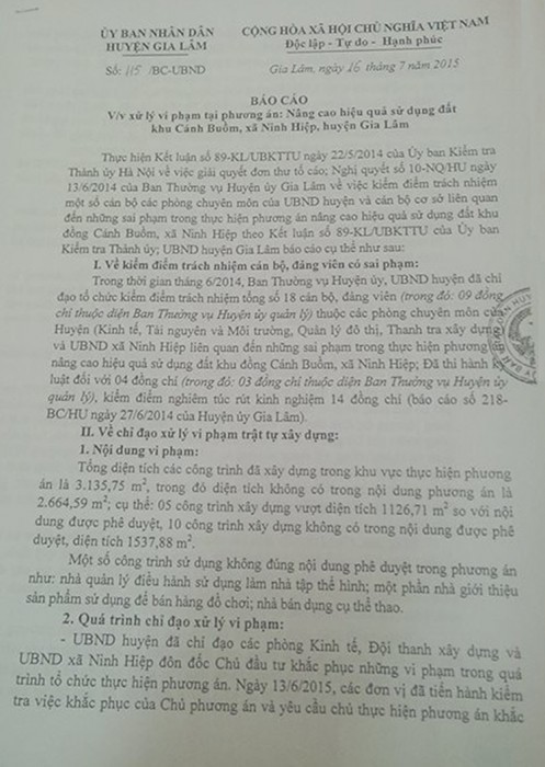 Ngày 16/7/2015, UBND huyện Gia Lâm có Công văn số 115/BC-UBND báo cáo về việc xử lý vi phạm tại Dự án Cánh buồm xanh.