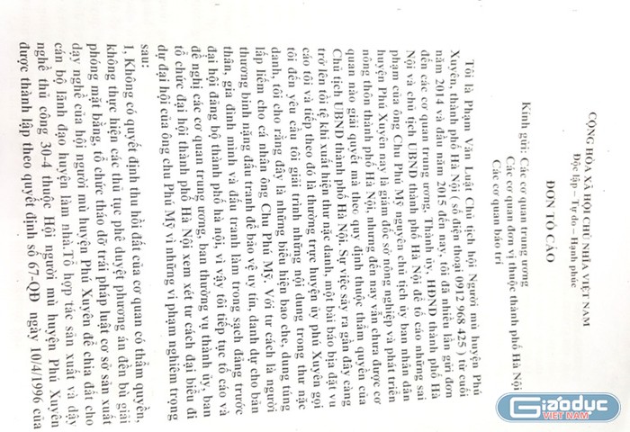 Đơn thư tố cáo của ông Phạm Văn Luật, gửi cơ quan chức năng nhưng chưa được giải quyết.