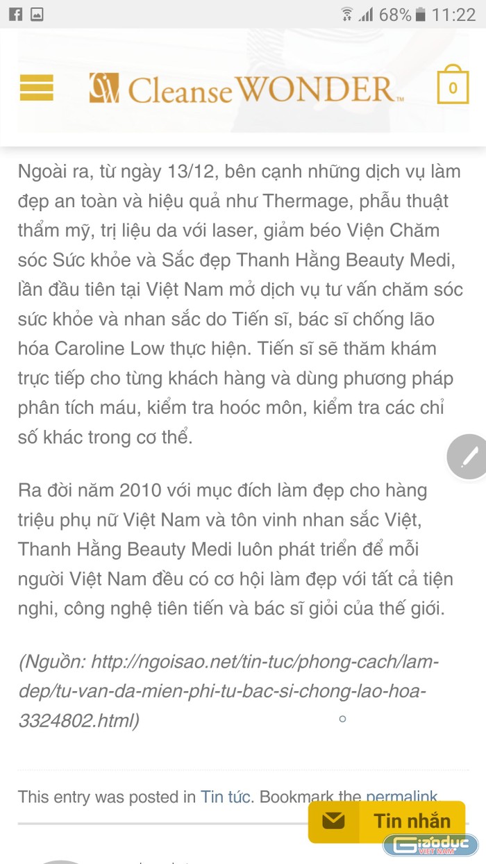 Bài viết đăng trên website Thanh Hằng Beauty công khai thông tin khám và chữa bệnh của bác sĩ Caroline Low từ cuối năm 2015. (Ảnh chụp màn hình trước khi Thanh Hằng gỡ bỏ)