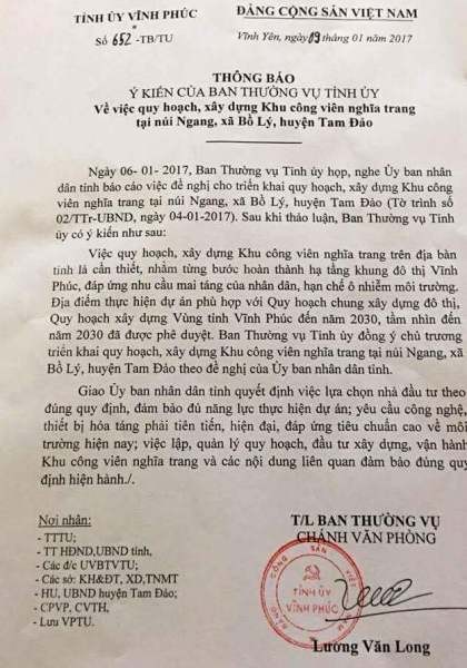 Chỉ vỏn vẹn sau 02 ngày có Tờ trình, Thường trực Tỉnh ủy Vĩnh Phúc đã thông qua dự án.