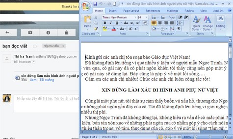 Thư cô giáo Trần Thị Hà gửi đến Giaoduc.net.vn nói về những phát ngôn của Ngọc Trinh