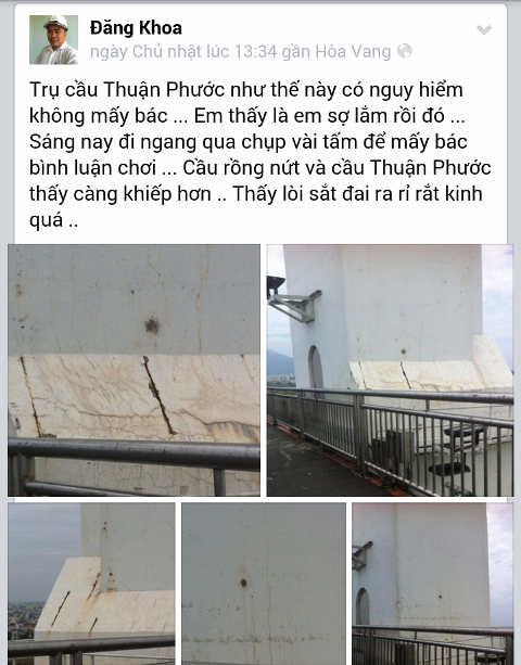Trên trang Facebook &quot;Quản lý Đô thị Đà Nẵng: Tiện nghi - Xanh - Sạch - Đẹp&quot; (nhóm công khai) chiều ngày 4/5 một thành viên đã đăng những hình ảnh &quot;cảnh báo&quot; những vết nứt của cầu Thuận Phước.