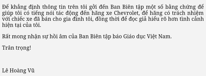 Đơn của anh Lê Hoàng Vũ gửi Báo Giáo dục Việt Nam.