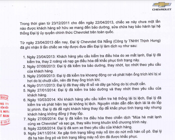 Thư phúc đáp của GM Việt Nam cho khách hàng Lê Hoàng Vũ, trong đó có nhật ký 9 lần xe anh Vũ đưa vào Đại lý Chevrolet Đà Nẵng làm dịch vụ.