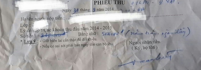 Phiếu thu của nhiều em mang đến trường kiểm chứng cho thấy các em đã hoàn thành các khoản thu này từ trước.