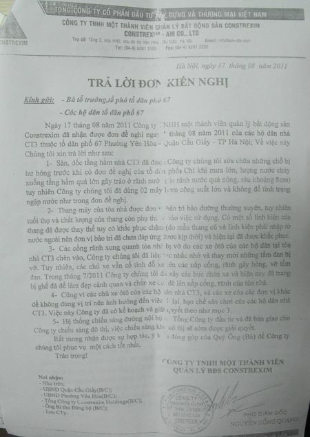 Văn bản trả lời kiến nghị của lãnh đạo công ty Constrexim vào ngày 17/8/2011, nhưng đến nay tình trạng cầu thang máy, bãi đỗ xe, điện đường vẫn chưa được khắc phục.