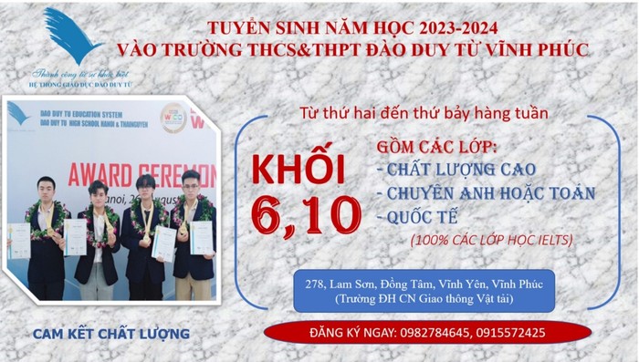 Thông tin tuyển sinh năm học 2023-2024 với lớp 6 và lớp 10 của Trường Trung học cơ sở và Trung học phổ thông Đào Duy Từ. Ảnh: website nhà trường