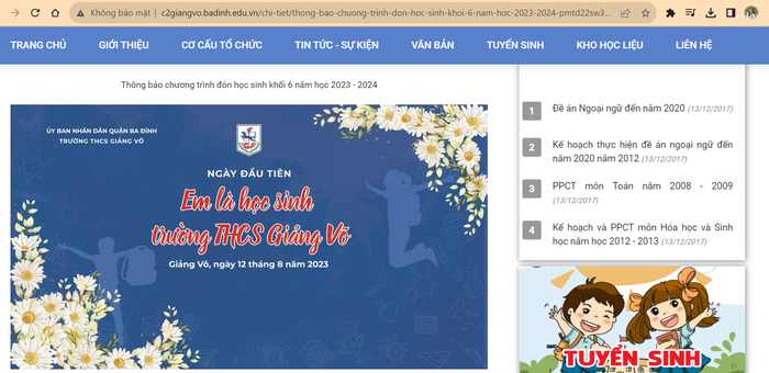 Thông báo chương trình đón học sinh khối 6 năm học 2023 - 2024 được đăng tải trên trang website chính thức của nhà trường. Ảnh chụp màn hình