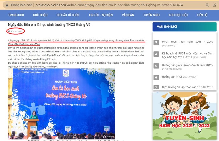 Trang website chính thức của Trường Trung học cơ sở Giảng Võ đăng tải thông tin về ngày tựu trường sáng ngày 12/8/2023. Ảnh chụp màn hình