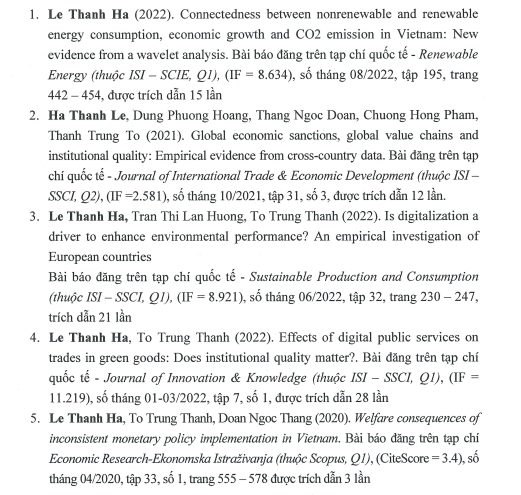 5 công trình khoa học tiêu biểu của Tiến sĩ Lê Thanh Hà. Ảnh chụp màn hình