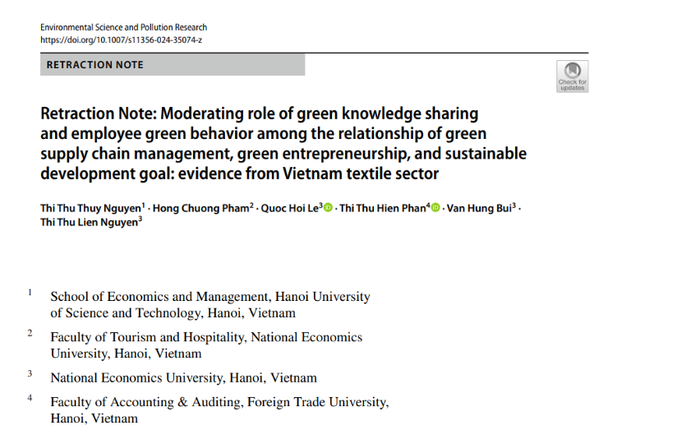 Thông tin nhóm tác giả thực hiện bài báo khoa học “Moderating role of green knowledge sharing and employee green behavior among the relationship of green supply chain management, green entrepreneurship, and sustainable development goal: evidence from Vietnam textile sector”. Ảnh chụp màn hình