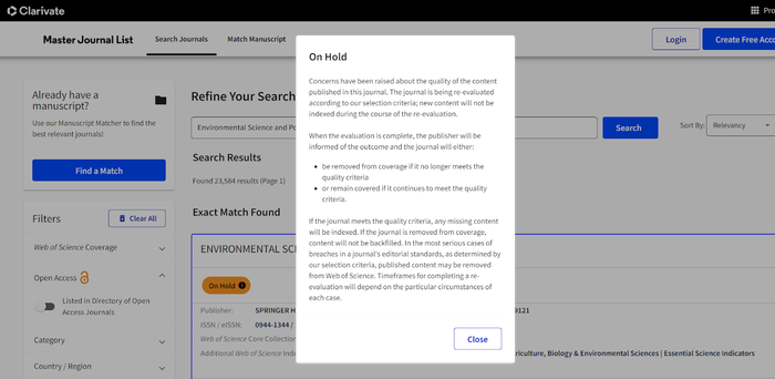 Thông tin về tạp chí Environmental Science and Pollution Research trên Clarivate Analytics. Ảnh chụp màn hình