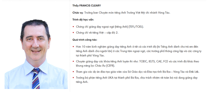 Thầy FRANCIS CLEARY - giáo viên người nước ngoài duy nhất trong Hội đồng tiếng Anh của Hệ thống Trường Việt Mỹ. Ảnh chụp màn hình