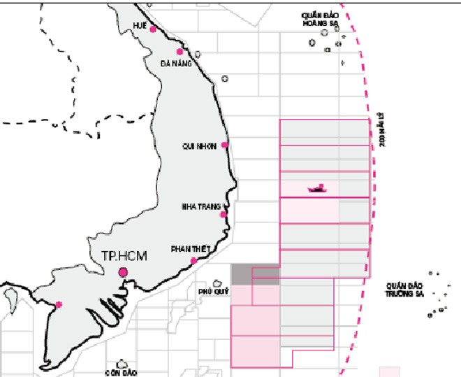 Bản đồ vị trí Trung Quốc mời thầu khai thác dầu khí trên vùng biển VN - Đồ họa: N.Khanh (nguồn: Báo Tuổi Trẻ)
