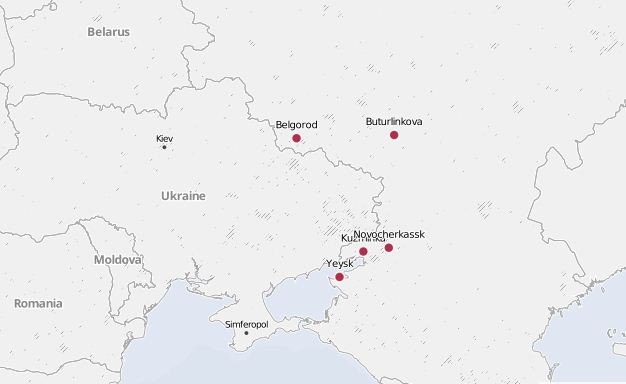 Vị trí được cho là những nơi quân đội Nga đang tập kết và sẵn sàng cơ động vào Ukraine bất cứ lúc nào.