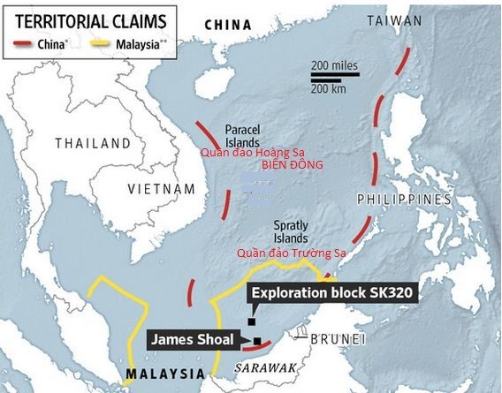 Vị trí lô khí đốt SK320 Malaysia vừa phát hiện và đưa vào khai thác và đường lưỡi bò bất hợp pháp của Trung Quốc ở Biển Đông (đường 9 đoạn màu đỏ), và yêu sách vùng đặc quyền kinh tế, thềm lục địa của Malaysia (đường màu vàng). Bắc Kinh nhiều lần kéo tàu chiến vào bãi cạn James (James Shoal), nhưng Kuala Lumpur vẫn không có động tĩnh gì phản ứng.