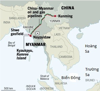 Dự án đường ống dẫn khí và đường sắt nối Côn Minh tỉnh Vân Nam, Trung Quốc với Kyaukphyu của Myanmar.