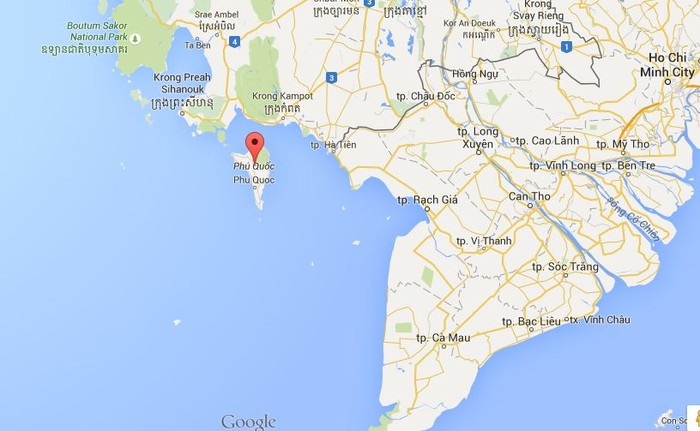 Vị trí địa lý đảo Phú Quốc trên Google Map. Ảnh chụp màn hình.