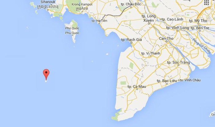 Đảo Thổ Chu thuộc huyện Thổ Châu tỉnh Kiên Giang, Việt Nam trên Google Maps, điểm đánh dấu đỏ. Ảnh chụp màn hình.