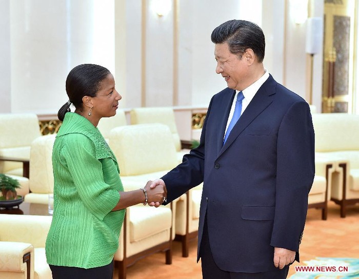 Cố vấn An ninh quốc gia Hoa Kỳ Susan Rice và Chủ tịch Trung Quốc Tập Cận Bình, ảnh: Tân Hoa Xã.