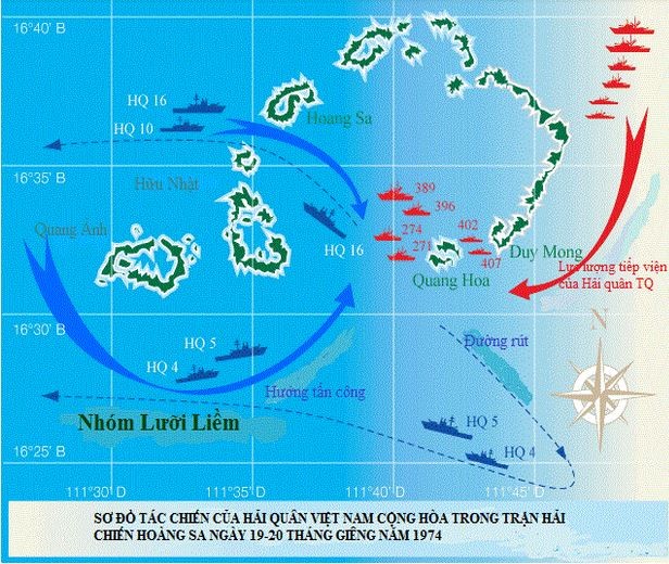 Sơ đồ tác chiến của Hải quân Việt Nam Cộng Hòa chống Trung Quốc xâm lược Hoàng Sa năm 1974.