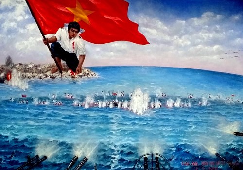 Bài học Hoàng Sa 1974, Gạc Ma 1988 luôn luôn nóng hổi, day dứt trong lòng người Việt Nam. Bức tranh &quot;Vòng tròn bất tử Gạc Ma&quot; của họa sỹ Bùi Lệ Trang.