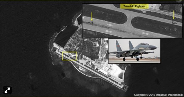 2 chiếc chiến đấu cơ J-11 Trung Quốc bố trí bất hợp pháp ở Phú Lâm, Hoàng Sa, Đà Nẵng, Việt Nam. Ảnh: ImageSat International / Fox News.