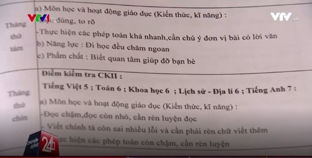 Nhận xét của giáo viên về học lực của V. tại Trường Tiểu học Lý Đạo Thành, ảnh chụp màn hình, nguồn: vtv.vn.