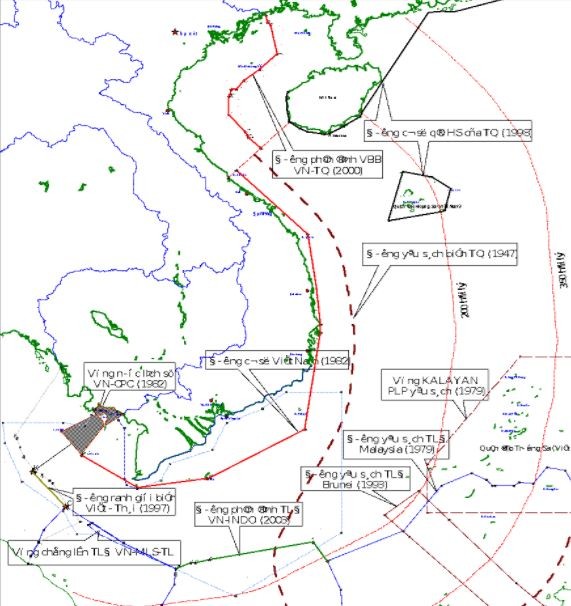 Sơ đồ thể hiện các yêu sách ranh giời biển của các quốc gia xung quanh Biển Đông.