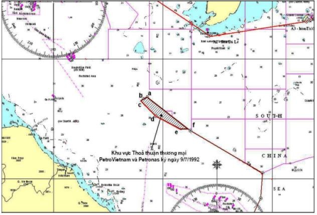 Vùng khai thác chung Việt Nam - Malaysia theo thỏa thuận (MOU) 5-6-1992 Nguồn: Vụ Luật pháp và Điều ước quốc tế, Bộ Ngoại giao.