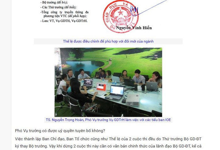 Ảnh chụp màn hình một phần bài viết của Tiến sĩ Lê Thống Nhất với phần cuối Quyết định số 5572/QĐ-BGDĐT do Thứ trưởng Nguyễn Vinh Hiển ký ngày 26/11/2014, bức ảnh chụp một Phó vụ trưởng khác của Vụ Giáo dục trung học chỉ đạo IOE và phía dưới là câu hỏi hóc búa dành cho Phó vụ trưởng Nguyễn Xuân Thành.