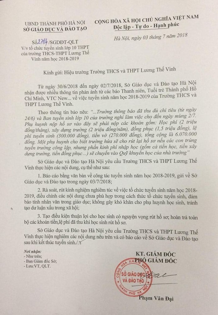 Công văn số 2784/SGDĐT-QLT ngày 3/7/2018 gửi trường Lương Thế Vinh, nhưng lại được Sở Giáo dục và Đào tạo Hà Nội tuồn cho báo chí trước, rồi gọi trường lên Sở mà lấy công văn sau.