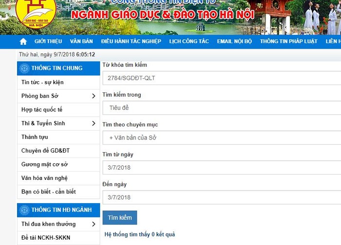 Ảnh chụp màn hình kết quả tìm kiếm công văn 2784/SGDĐT-QLT trên website Sở Giáo dục và Đào tạo Hà Nội. Kết quả là con số 0, nhưng nhiều tờ báo đã có trong tay công văn này khi người nhận, Trường Trung học cơ sở và Trung học phổ thông Lương Thế Vinh còn chưa biết mặt ngang mũi dọc nó ra sao.