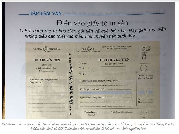 Ảnh chụp màn hình phản ánh của Báo Tiền Phong về phần bài tập có thể làm luôn vào sách giáo khoa Tiếng Việt lớp 4 do Giáo sư Nguyễn Minh Thuyết chủ biên.