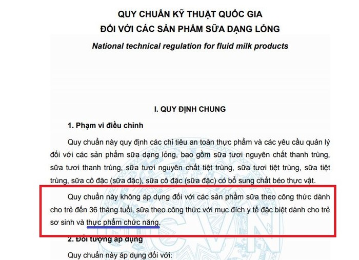 Ảnh chụp màn hình phần đầu trang 1 Quy chuẩn kỹ thuật quốc gia đối với các sản phẩm sữa dạng lỏng, phạm vi điều chỉnh.