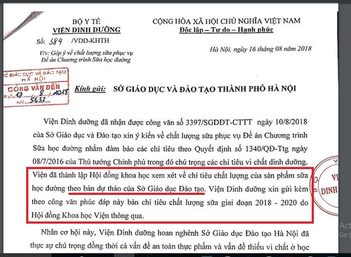 Ảnh chụp màn hình văn bản Viện Dinh dưỡng trả lời Sở Giáo dục và Đào tạo Hà Nội khuyến nghị bổ sung 21 vi chất, trước ngày công bố hồ sơ mời thầu.