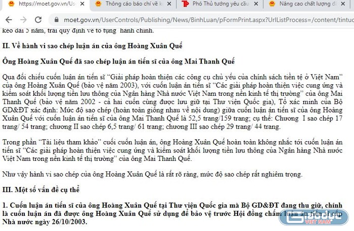 Ảnh chụp màn hình một phần nội dung Thông cáo báo chí ngày 15/12/2018 của Bộ Giáo dục và Đào tạo sau khi Tòa án nhân dân thành phố Hà Nội tuyên Bộ thua kiện.