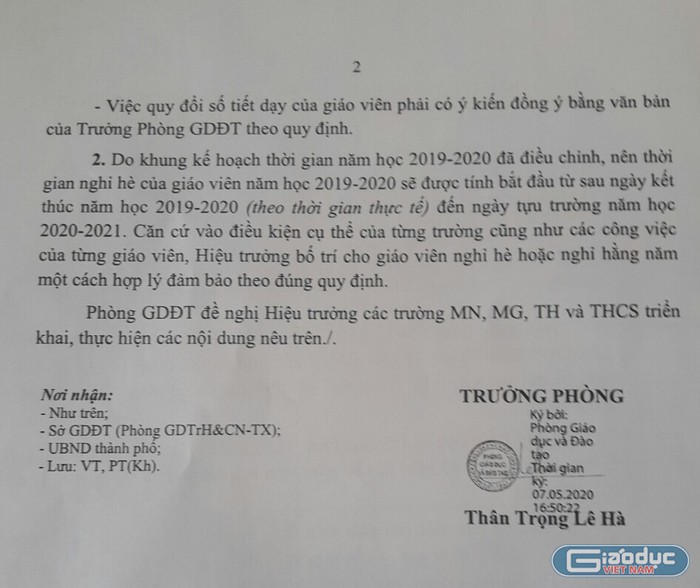 Công văn 427 của Phòng Giáo dục và Đào tạo Phan Thiết chỉ đạo về việc quy đổi tiết dạy trong thời gian học sinh nghỉ dịch bệnh Covid-19 (Ảnh tác giả)