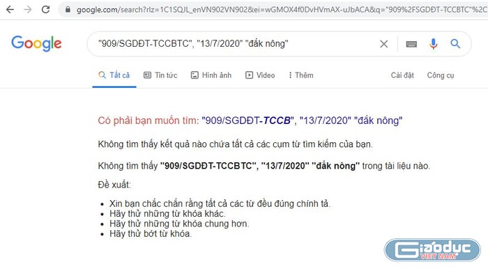 Tìm kiếm công văn trên bằng công cụ Google cũng không ra, ảnh chụp màn hình.