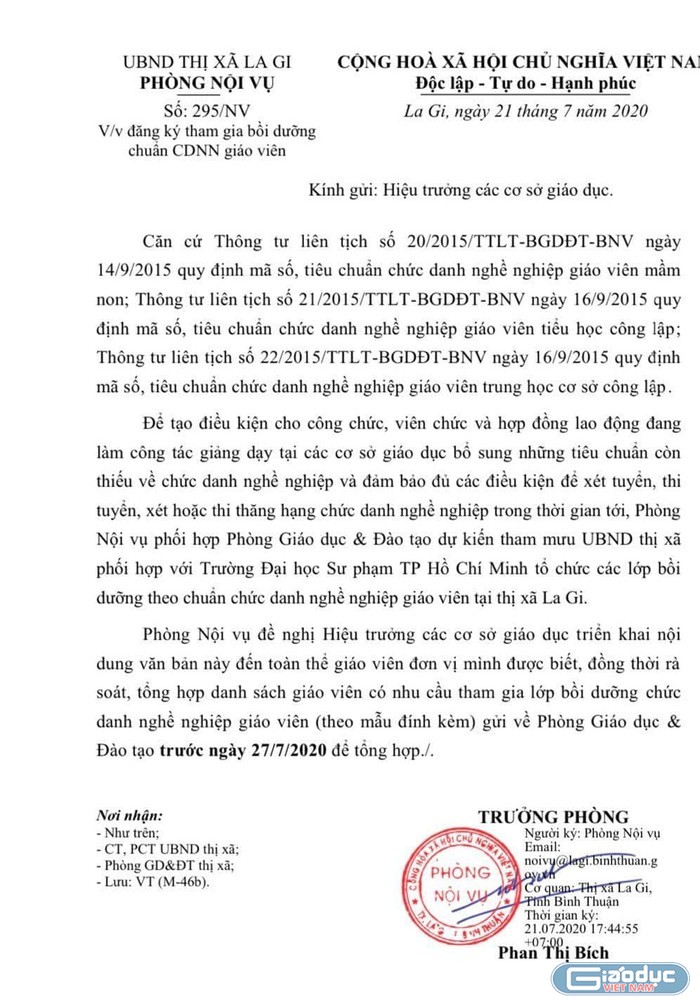 Công văn đăng ký bồi dưỡng chức danh nghề nghiệp của Phòng Nội vụ thị xã La Gi không yêu cầu giáo viên học để giữ hạng (Ảnh tác giả).