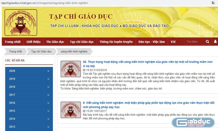 Ảnh chụp màn hình các bài viết về sáng kiến kinh nghiệm trên Tạp chí Giáo dục - cơ quan lý luận của Bộ Giáo dục và Đào tạo. Giữa lý luận với thực tế đời sống giáo dục đang có khoảng cách rất xa.