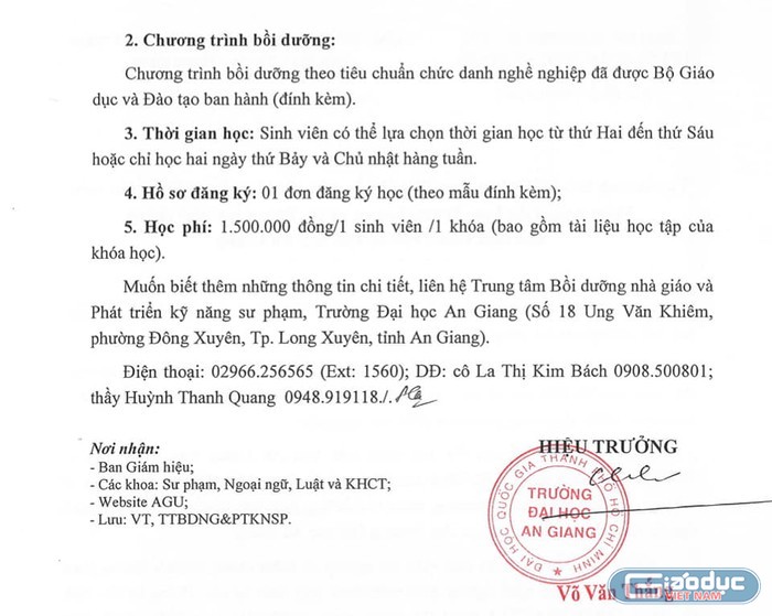 Cùng nội dung nhưng Trường đại học An Giang dạy cho sinh viên là 1.500.000 đồng nhưng giáo viên là 2.000.000 đồng (Ảnh: Thanh An).