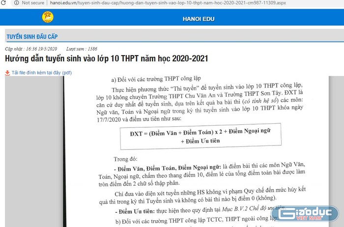 Ảnh chụp màn hình công thức tính điểm thi tuyển sinh vào lớp 10 các trường trung học phổ thông công lập Hà Nội theo hướng dẫn 1524/SGDĐT-QLT ngày 19/5/2020 của Sở Giáo dục và Đào tạo Hà Nội. Với cách tính này, về bản chất chỉ thi 3 môn nhưng tổng điểm lại là 5 môn theo hệ số 10.