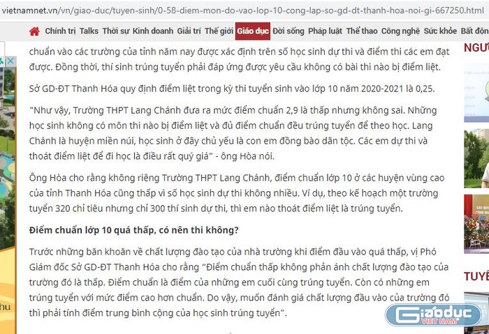 Nội dung Báo VietnamNet tường thuật lời ông Phó giám đốc Sở Giáo dục và Đào tạo Thanh Hóa, ảnh chụp màn hình.