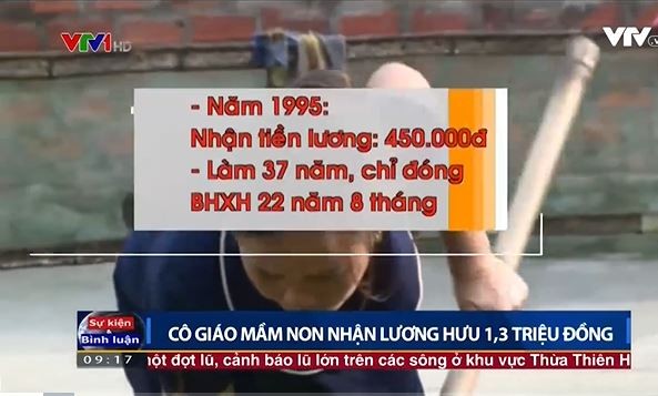 Ảnh chụp màn hình phóng sự của VTV.vn về một cô giáo mầm non sau 37 năm công tác nhận lương hưu 1,3 triệu đồng.